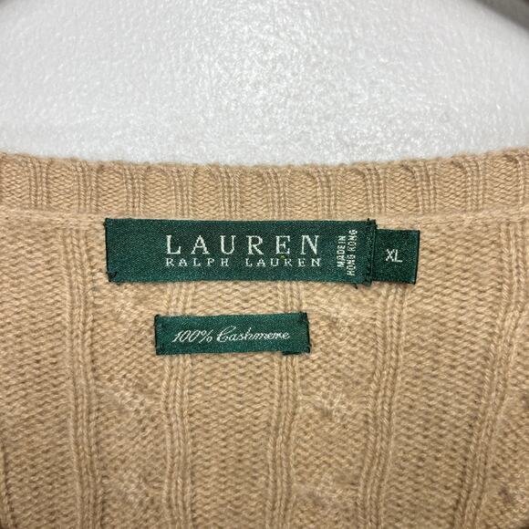 VTG Lauren Ralph Lauren Tan Cashmere Sweater V Neck Cable Knit Preppy Casual XL - Picture 4 of 5